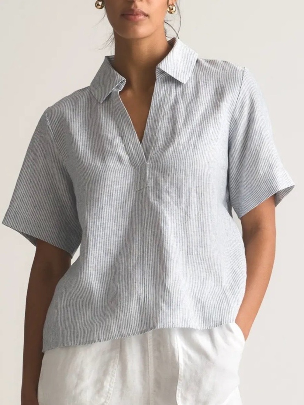 quince 100% european linen short sleeve popover top blue pinstripe